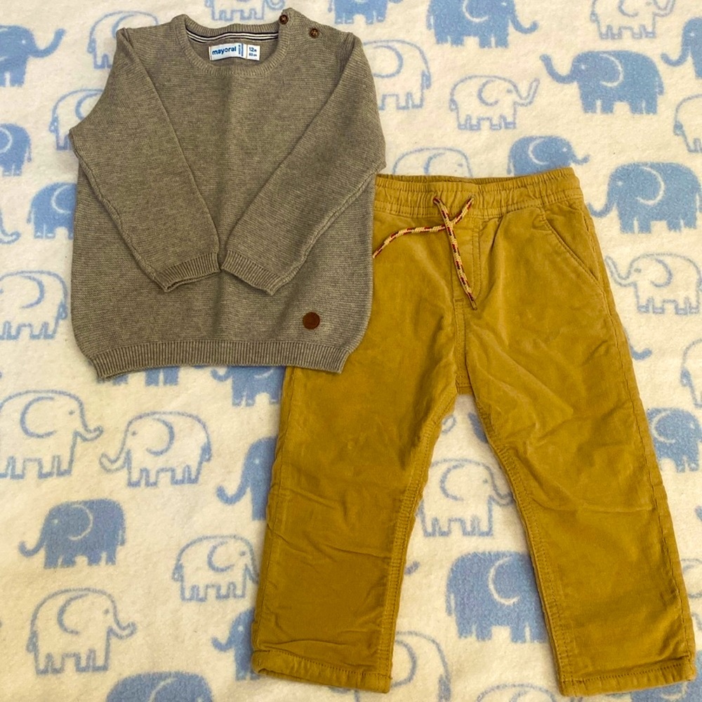 Mayoral Fall Outfit - gray knitted sweater with tan corduroy pants size 12M